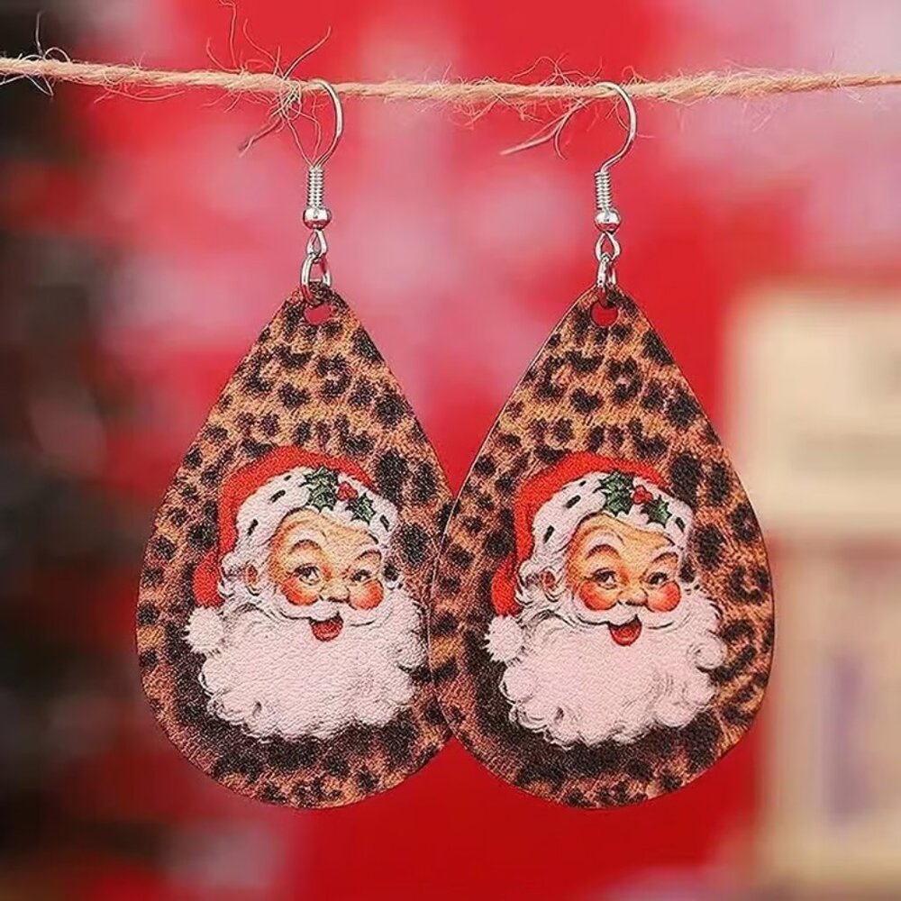 Leopard Print Christmas SANTA CLAUS Dangle Earrings